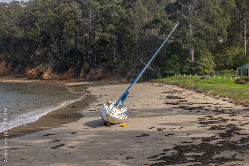 Obraz na płótnie A recreational yacht temporarily stranded on its port side at low tide on a seaweed strewn beach near the calm, sheltered water and forest of Quarantine Bay at Eden in New South Wales, Australia