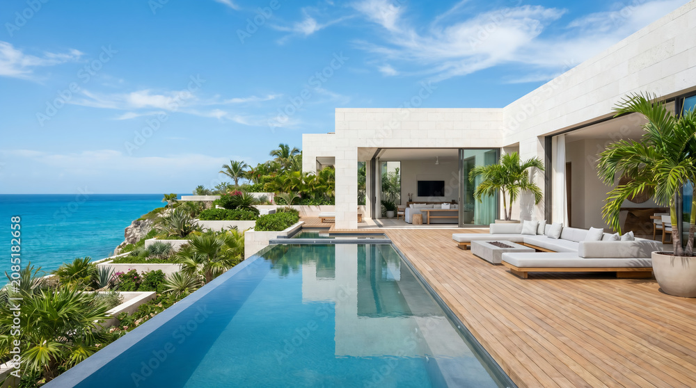 Fototapeta premium Luxury modern cliffside villa with infinity swimming pool overlooking the ocean.