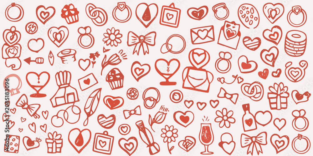 Naklejka premium Romantic Doodles And Love Symbols Red Line Art Illustration