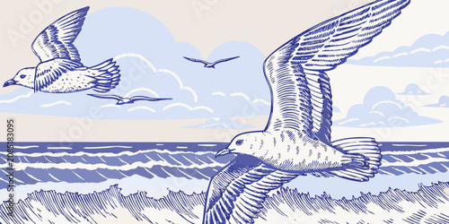 Konstfotografi Seagulls Over Ocean Waves Blue Engraved Style Illustration