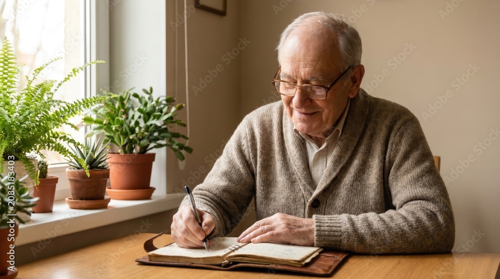 Fototapeta premium Elderly Man Journaling Indoors for Senior Citizen Day