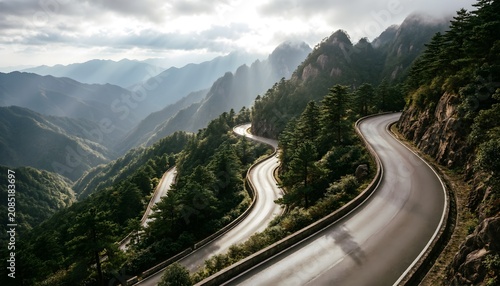 Scenic Winding Mountain Road Through Pine Forest and Misty Peaks