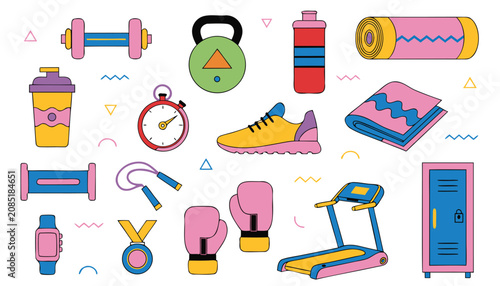 Set of isolated fitness icons for gym equipment and workout accessories in flat style with abstract shapes