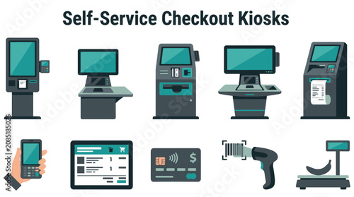Selfservice checkout kiosk illustrations including machines scanners payment terminals and retail scales