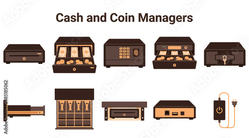 Bild auf Leinwand Ten numbered flat icons showing various cash drawers a safe with a keypad coin t