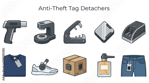 Cuadro en lienzo Vector illustration of antitheft tag detachers and various retail items with sec