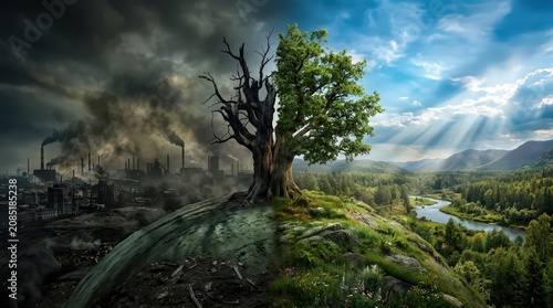 Split Tree Symbolizing Carbon Neutrality Industrial Pollution Versus Pristine Nature Landscape Concept