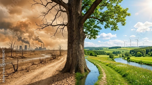 Split view nature climate change contrast industrial pollution versus lush renewable energy field