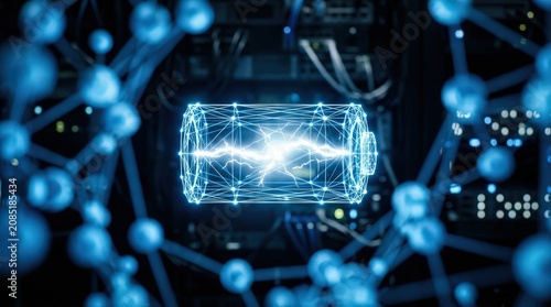 Glowing Wireframe Battery Cell Inside Molecular Structure Carbon Neutrality Concept