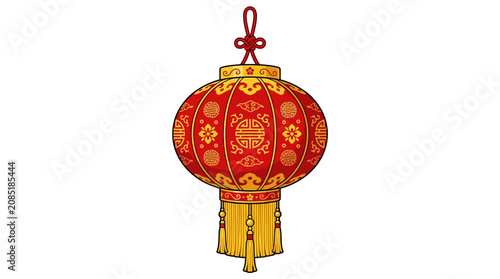A vibrant red and gold lantern hangs in a festive atmosphere outdoors.