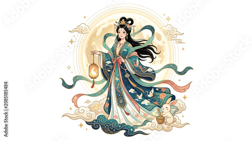 A woman in traditional Chinese dress holding a lantern stands in front of a full moon surrounded by clouds and stars.