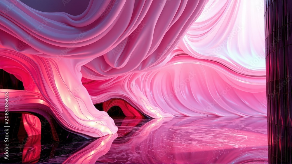 Fototapeta premium Abstract flowing shapes, vibrant pinks, purples create cavelike space. Reflections mirror forms, dark background emphasizes luminosity.