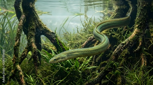 Freshwater eel swimming in clear river water with aquatic plants and tree roots
