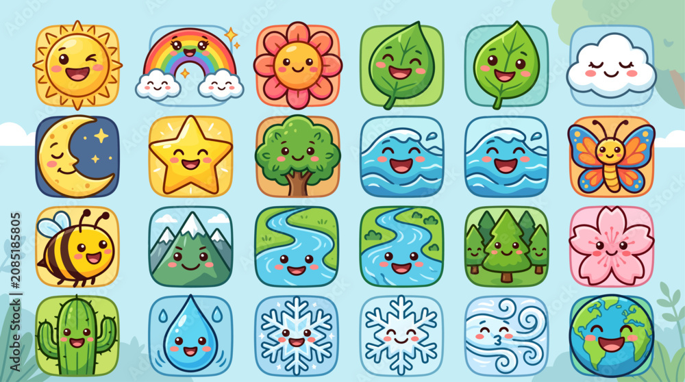 Fototapeta premium Kawaii nature icons set, 24 cute cartoon weather and environment symbols, colorful flat vector illustrations for kids app and education