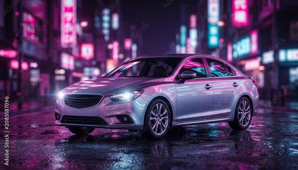 Fototapeta premium Modern silver sedan parked on a wet city street with vibrant cyberpunk neon lights at night