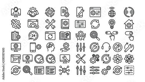 Black line icons of business technology and communication tools and symbols set