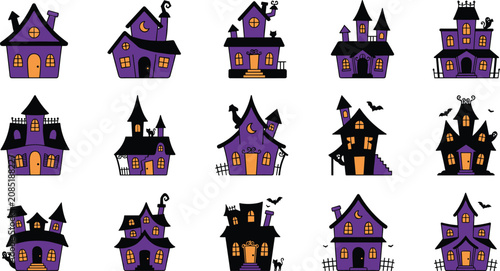 Valokuva Halloween haunted house icon collection featuring spooky cottages eerie mansions