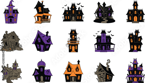 Obraz na płótnie Halloween haunted house collection with spooky mansions abandoned cottages creep