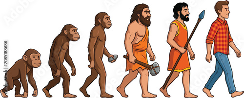 Bild auf Leinwand Human Evolution Cartoon Vector Illustration From Ape To Modern Man Featuring Hom