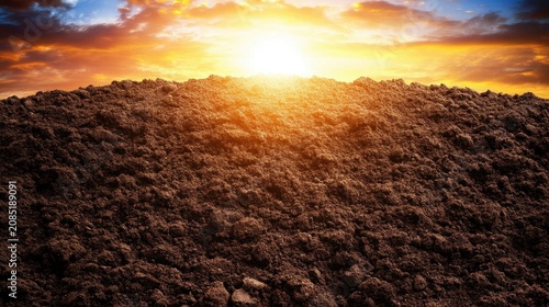 Rich Fertile Soil with Warm Sunrise Sky in Background on Farm Landscape