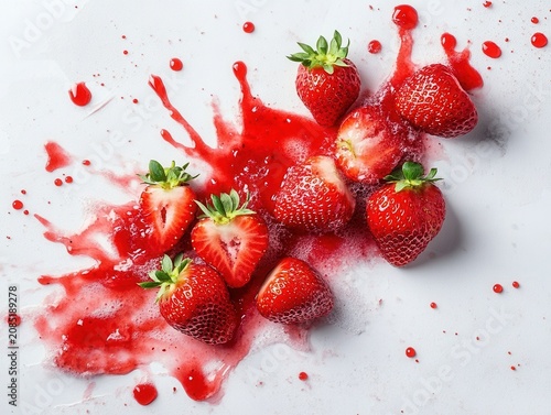Fresh strawberries splattered with juice on white surface in close-up