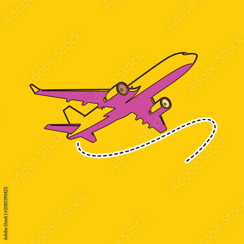 Minimalist airplane vector illustration, pink and yellow commercial aircraft flying, modern travel icon with dashed flight path line on yellow background
