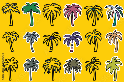 Retro palm tree sticker set, 18 colorful tropical tree icons on yellow background, hand drawn summer vacation vector illustrations for travel branding
