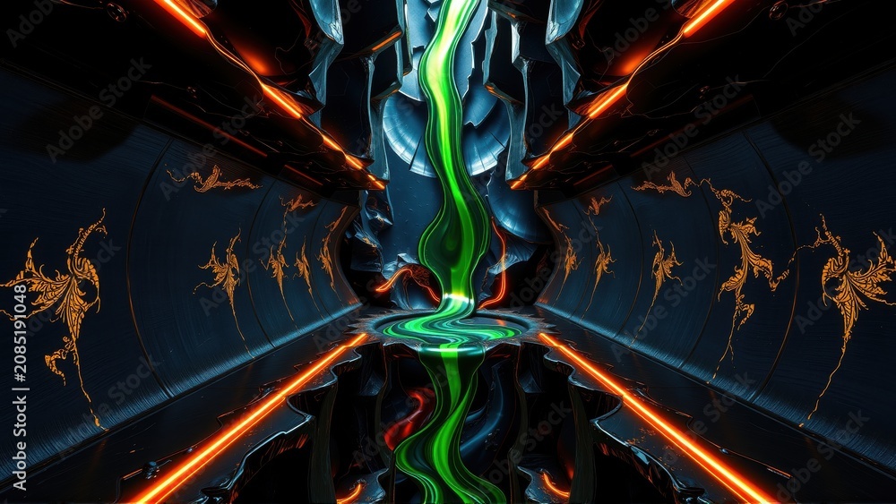 Fototapeta premium Futuristic tunnel glows with vibrant neon lights. Green energy flows through dark metallic structure. Symmetry creates intense visual effect.