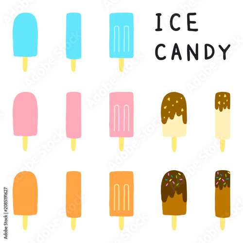 Colorful ice candy popsicle illustration set with chocolate bars and hand-lettered ICE CANDY text