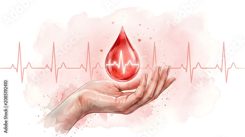 Blood Donation Concept with Red Blood Drop Above Helping Hand Watercolor Illustration