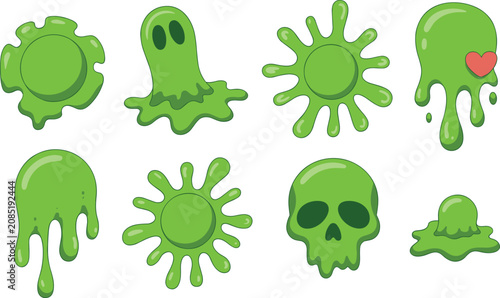 Vibrant neon green cartoon slime splats and dripping goo drips featuring spooky skull and ghost shapes isolated on white.