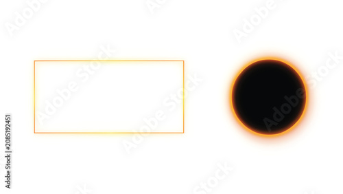 Glowing orange rectangular frame and a solid black circle with an orange light ring on a white background, minimalist