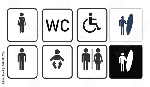 Photography Minimalist restroom sign icons set, black and white WC bathroom symbols, 8 vecto