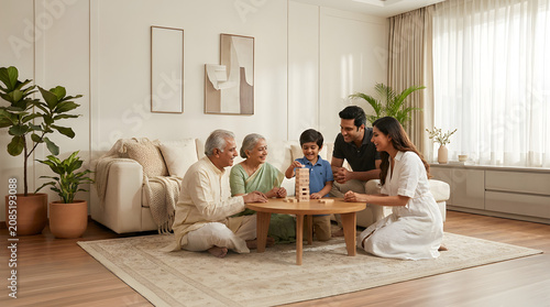 Multi-Generational Family Enjoying a Board Game Together in Modern Living Room