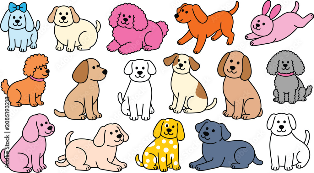 Obraz premium Cute cartoon dogs and puppies vector illustration set featuring various breeds poodle labrador and hound characters on white background
