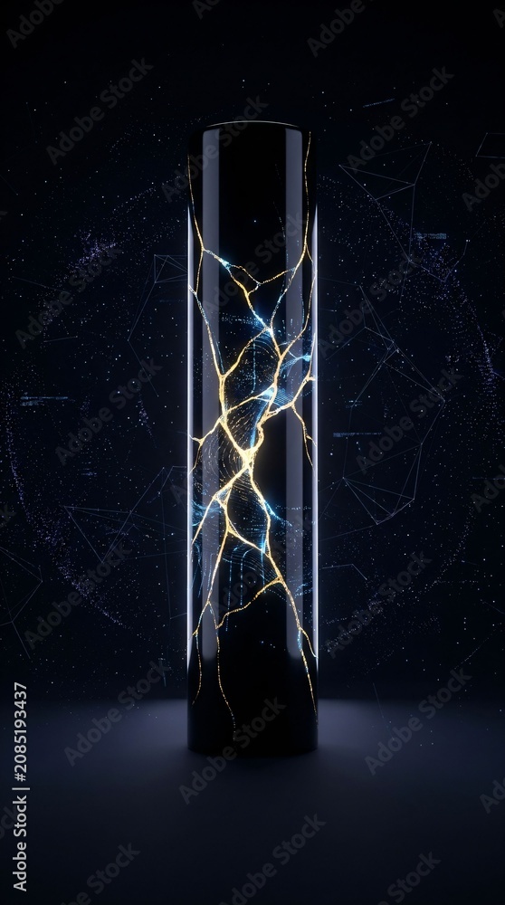 Naklejka premium Vertical Futuristic Cyber Kintsugi Cylinder Glowing with Digital Network Lines
