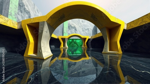 Abstract architecture, yellow structure reflects in dark water. Mountains visible beyond arched gateway. Minimalist design, futuristic aesthetic.
