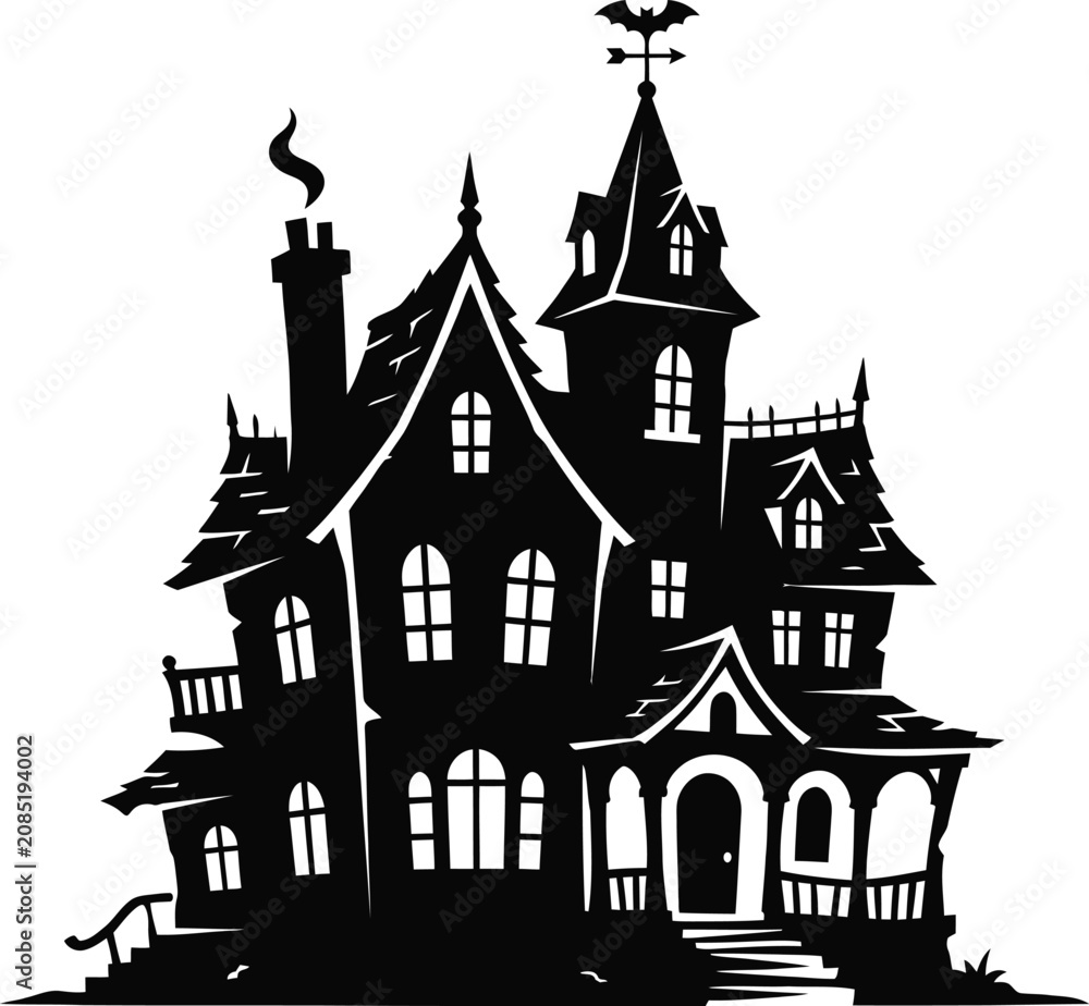 Fototapeta premium Spooky Haunted House Silhouette Halloween Gothic Mansion Isolated on transparent Background