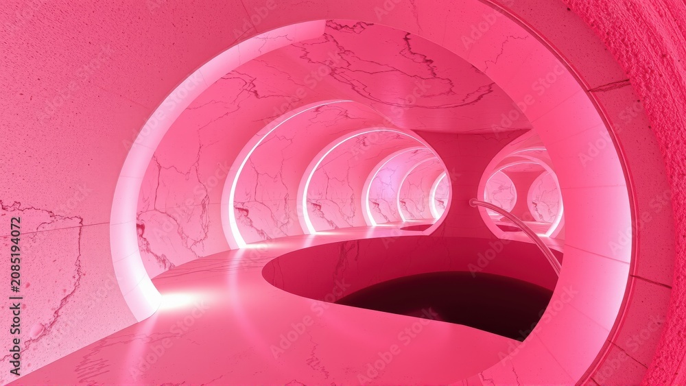 Fototapeta premium Spiral staircase, marble walls, pink illumination. Modern design, abstract geometry, dramatic lighting creates intriguing visual effect.