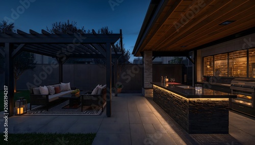Illuminated outdoor kitchen island on patio at night