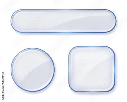Set of three glass buttons with light blue glowing edges, isolated on a white background, for digital interface, or web navigation