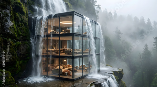Luxury Glass House Integrated with Waterfalls in Misty Forest Landscape