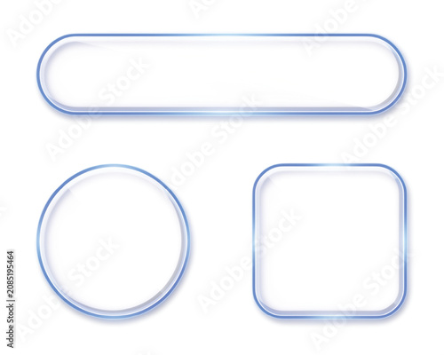 Set of three glossy blue framed buttons with transparent centers, isolated on a white background, for web interface, or mobile application use