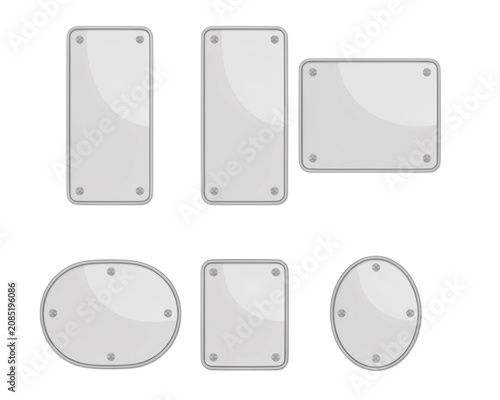 Set of six silver metallic plates with rounded corners and four corner screws, isolated on a white background, for industrial signage labels