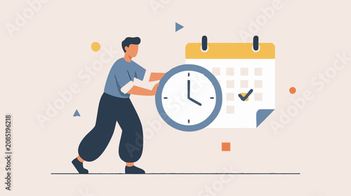 Time Management and Scheduling Concept with Person Pushing Clock to Calendar