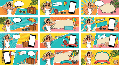 Vintage Pop Art Summer Vacation Banner Bundle Featuring Retro Woman in Swimsuit Smartphone Screen Mockups and Travel Elements for Creative Web Advertising