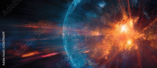 Explosive cosmic event with a glowing planetoid engulfed in fire