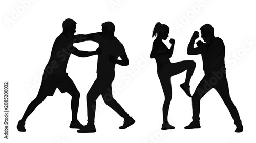 Three people practicing martial arts fighting stances