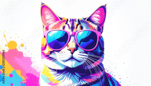 Vibrant illustration of a cool cat with pink sunglasses and color splashes