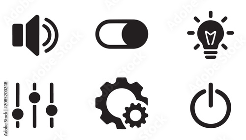 Photos Audio settings and power controls icons featuring volume slider toggle switch bulb and gear elements
